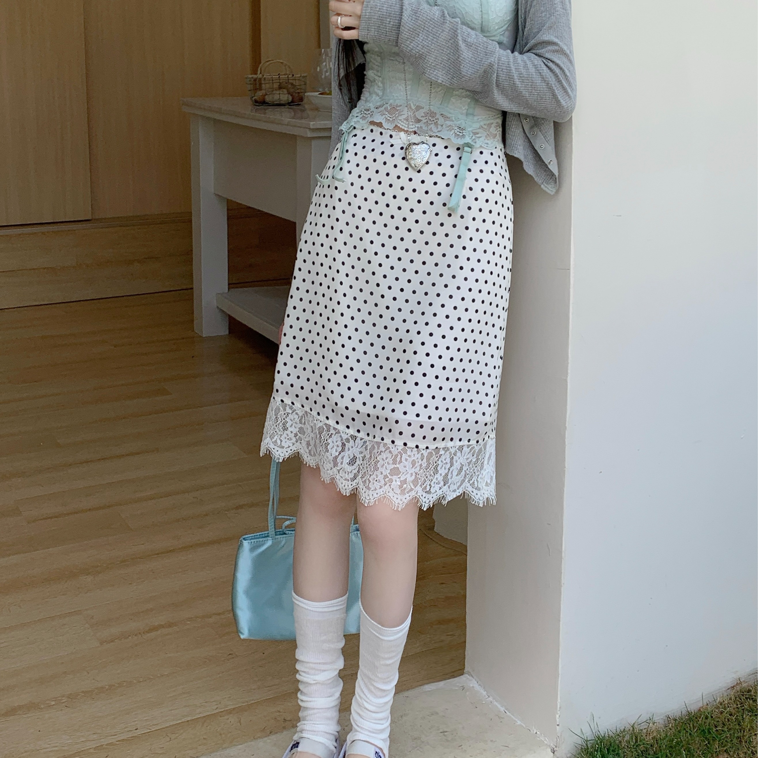MM谢谢家大码女装圆点蕾丝拼接半身裙女夏季新款高腰显瘦A字中裙