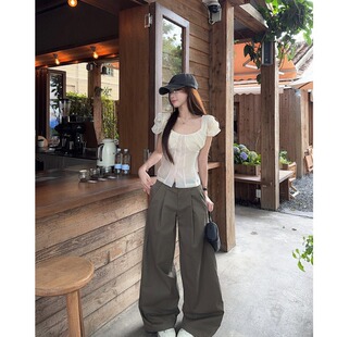 工装 上衣绿棕色经典 裤 休闲长裤 MM谢谢家大码 套装 设计感拼接泡泡袖