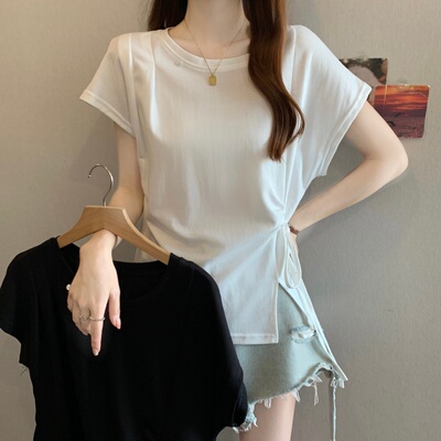 设计感侧开叉系带收腰短袖T恤
