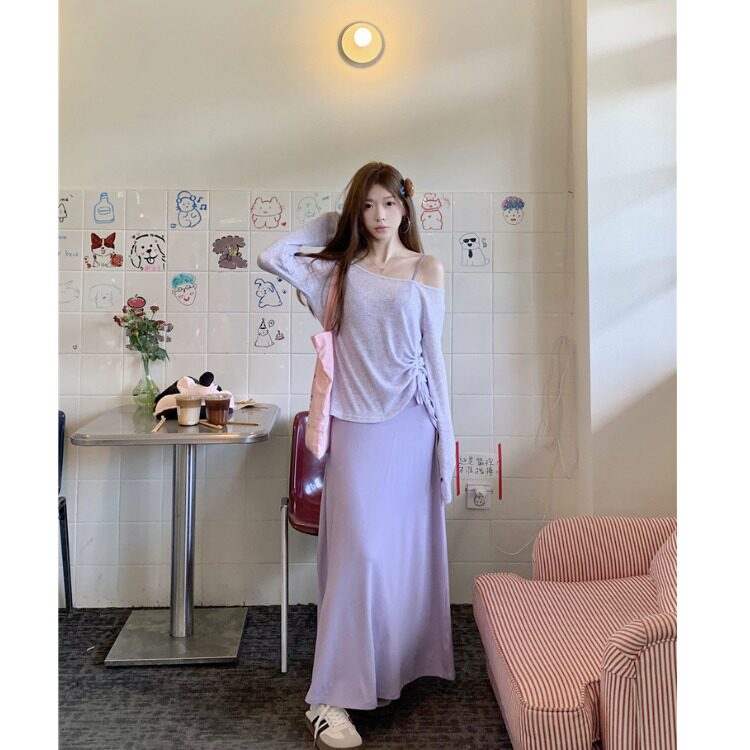 MM谢谢家大码女装紫色吊带连衣裙薄款漏肩防晒罩衫两件套女设计感