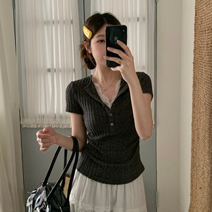 MM谢谢家大码女装胖mm蕾丝拼接假两件短袖夏新款修身显瘦v领上衣