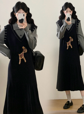 MM谢谢家秋冬新款黑色假两件连衣裙学院风刺绣卡通拼接毛衣连衣裙