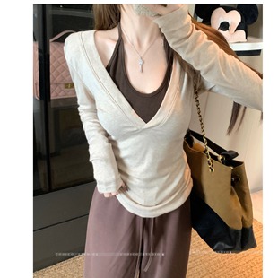 韩系撞色挂脖假两件长袖 新款 T恤收腰显瘦上衣秋 女装 MM谢谢家大码