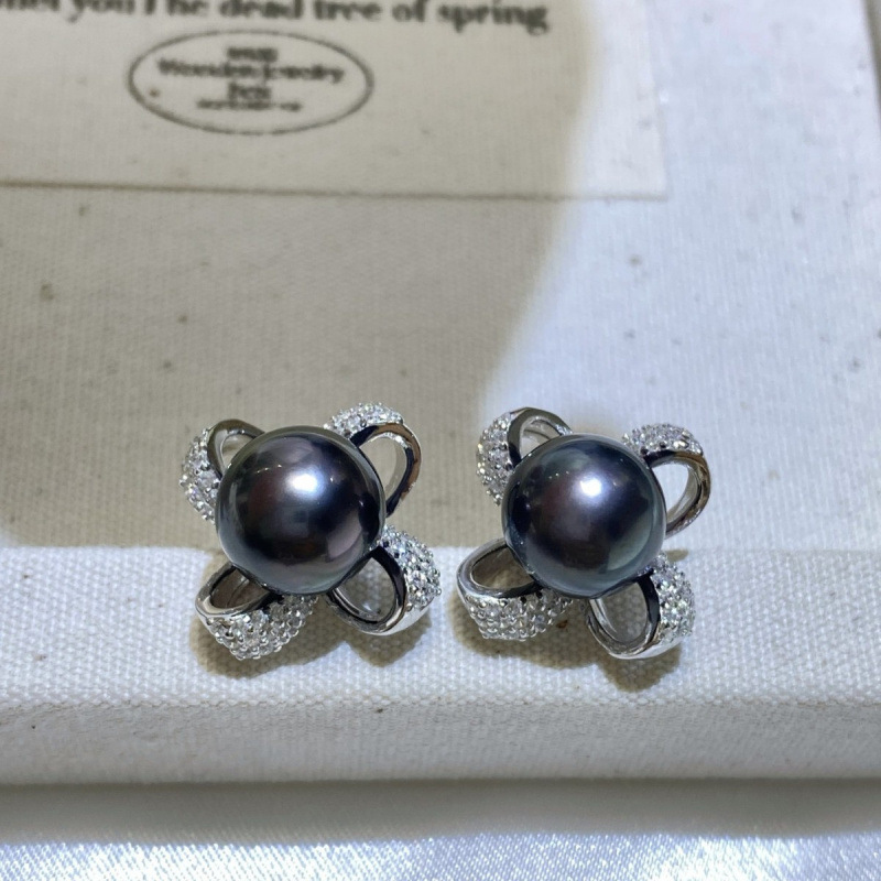 通体s925银四叶草海水珍珠耳钉9