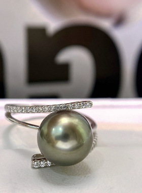 通体s925银 多圈海水珍珠戒指  9-10mm海水大溪地黑珍珠