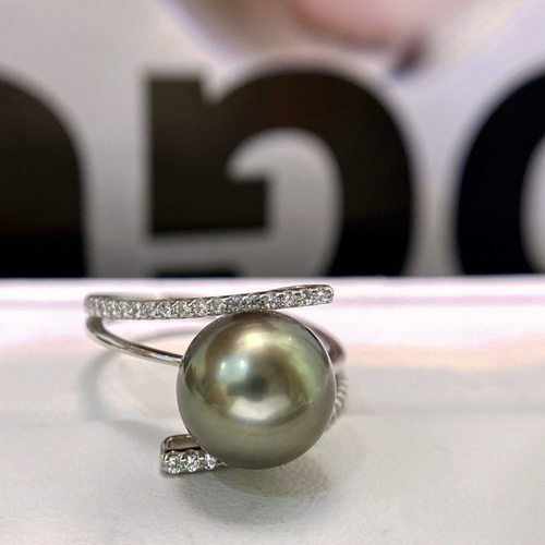 通体s925银 多圈海水珍珠戒指  9-10mm海水大溪地黑珍珠