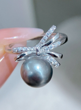 天然大溪地海水珍珠戒指通体S925银可调节9-10mm圆润强光基本无暇