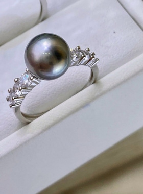 通体s925银 经典多钻戴妃海水珍珠戒指   9-10mm海水大溪地黑珍珠