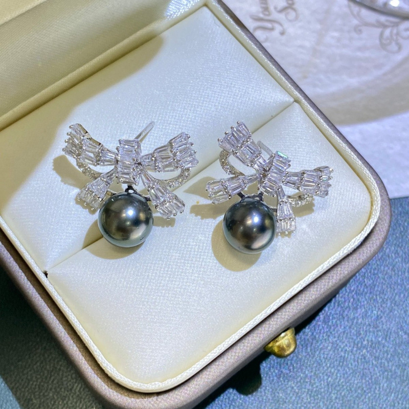 S925银蝴蝶结海水珍珠耳钉优雅