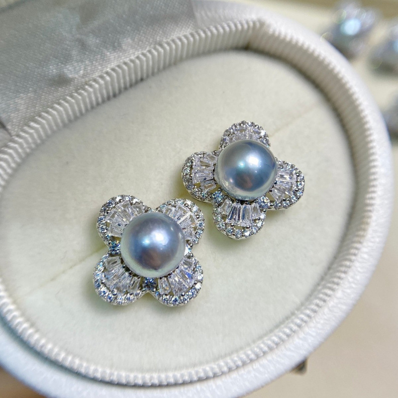 通体S925银海水真多麻耳钉8-9mm