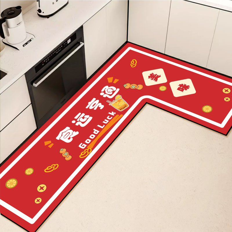现代中式喜庆家用L形厨房专用地垫吸水吸油防滑脚垫防摔保护垫,居家布艺,厨房地垫,淘宝优惠券,粉丝福利购,淘宝优惠卷