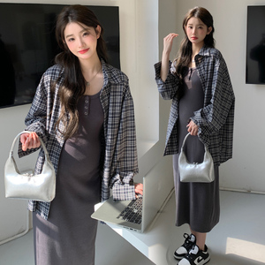 爱笑妈咪孕妇装春秋款宽松显瘦高级感衬衣+打底背心裙孕妇两件套