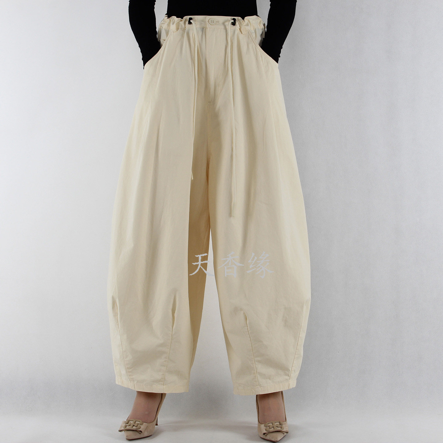 天香缘2026春夏高腰抽绳弯刀裤棉灯笼裤女文艺气球裤哈伦裤MB601