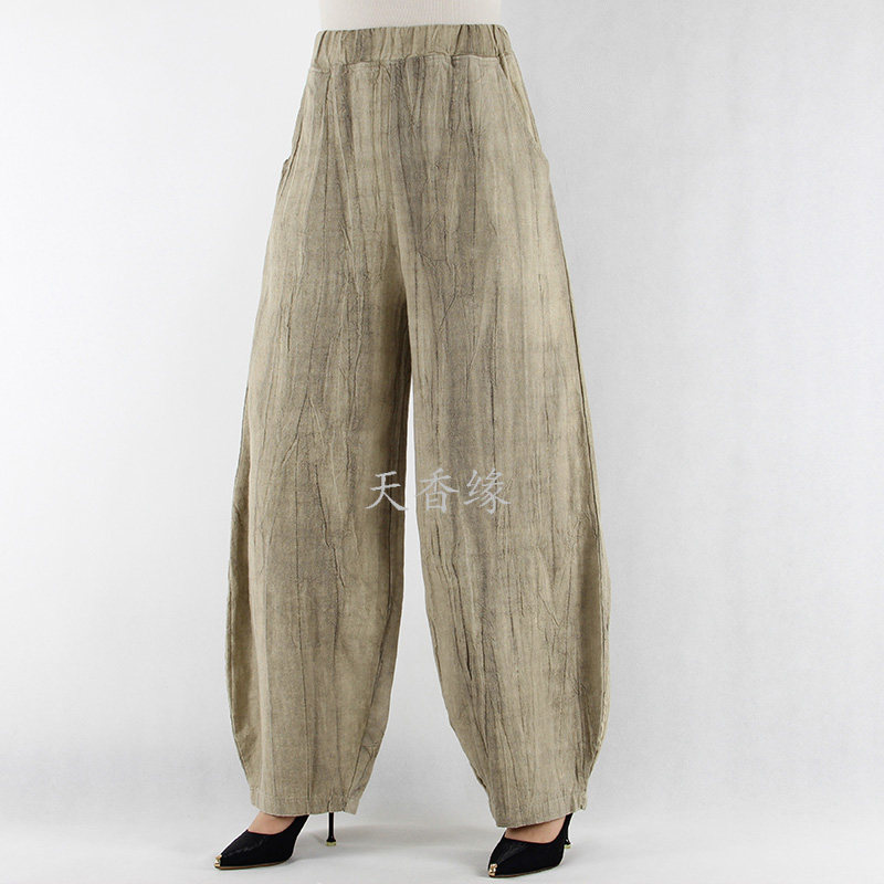 天香缘秋季棉麻做旧长裤文艺百搭哈伦休闲萝卜夸张灯笼裤女裤6314