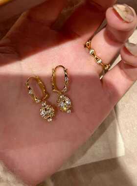 新中式金色竹节单钻耳扣女款轻奢小众设计高级感耳环爆闪气质耳饰