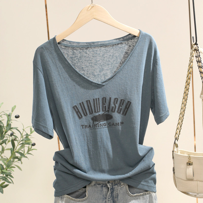 夏季超薄款V领大领口字母印花通勤宽松减龄冰丝雪花棉女短袖T恤潮