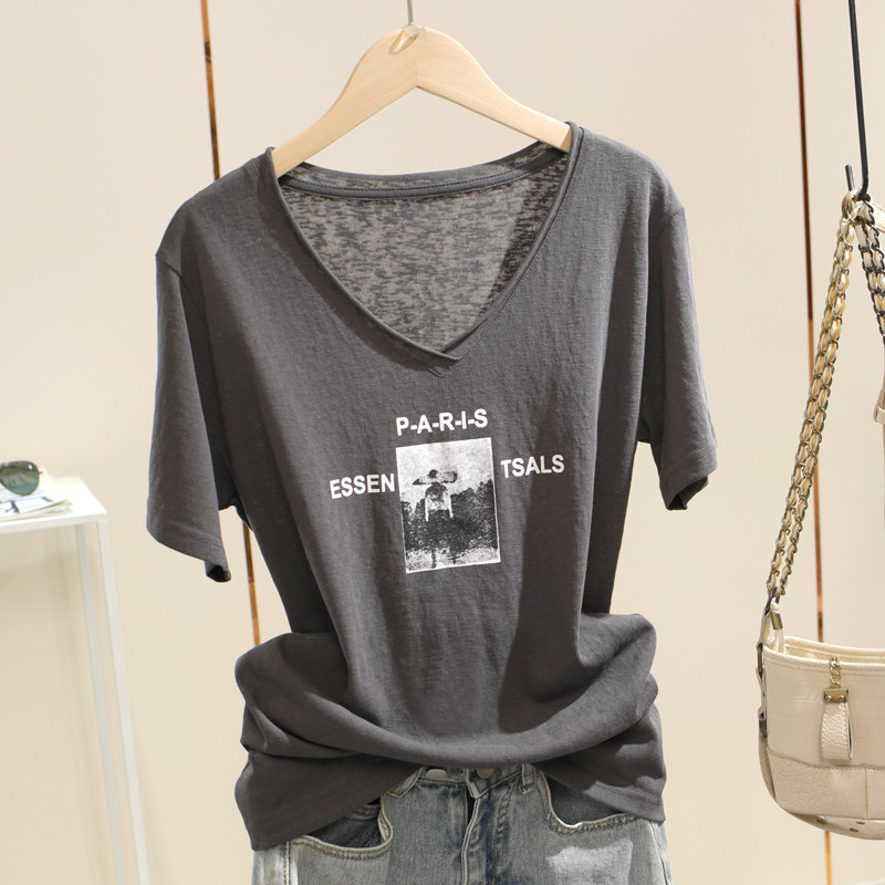夏季V领大领口印花短袖T恤女2025宽松薄款雪花棉透气显瘦通勤上衣