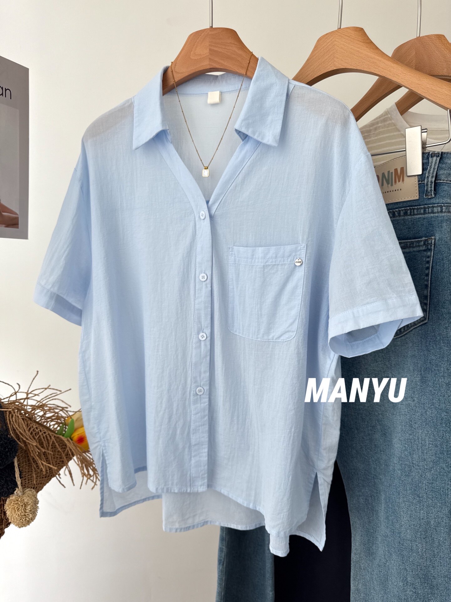 MANYU超薄纯棉翻领短袖衬衫