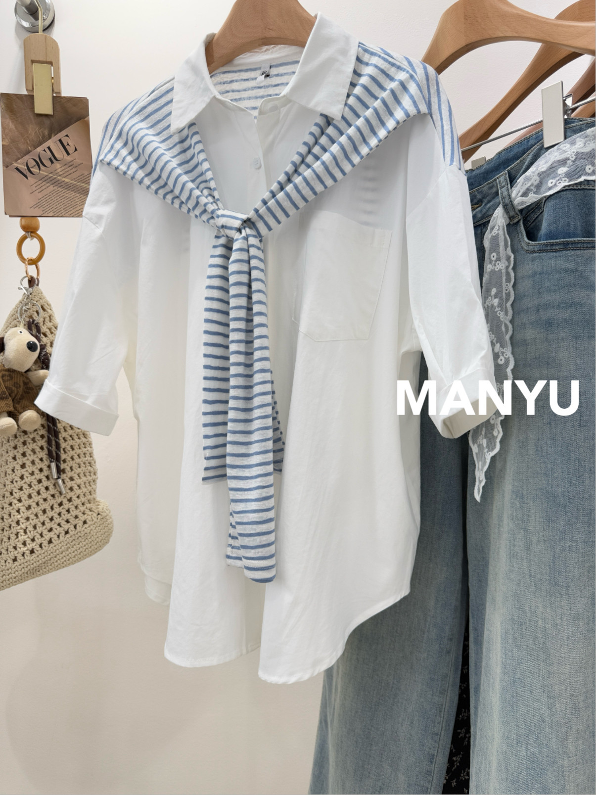 MANYU 宝藏ins 条纹披肩中袖衬衫女夏季新款宽松上衣五分袖衬衣