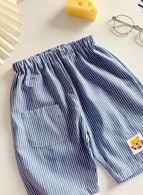 五分系短裤简约热裤棉布新款条纹蓝色裤儿童男童童夏季日宝宝休闲