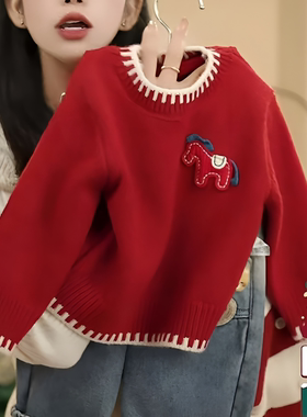 【原版实体店品质】儿童女童卡通毛衣秋冬新款亲子装红色拜年服