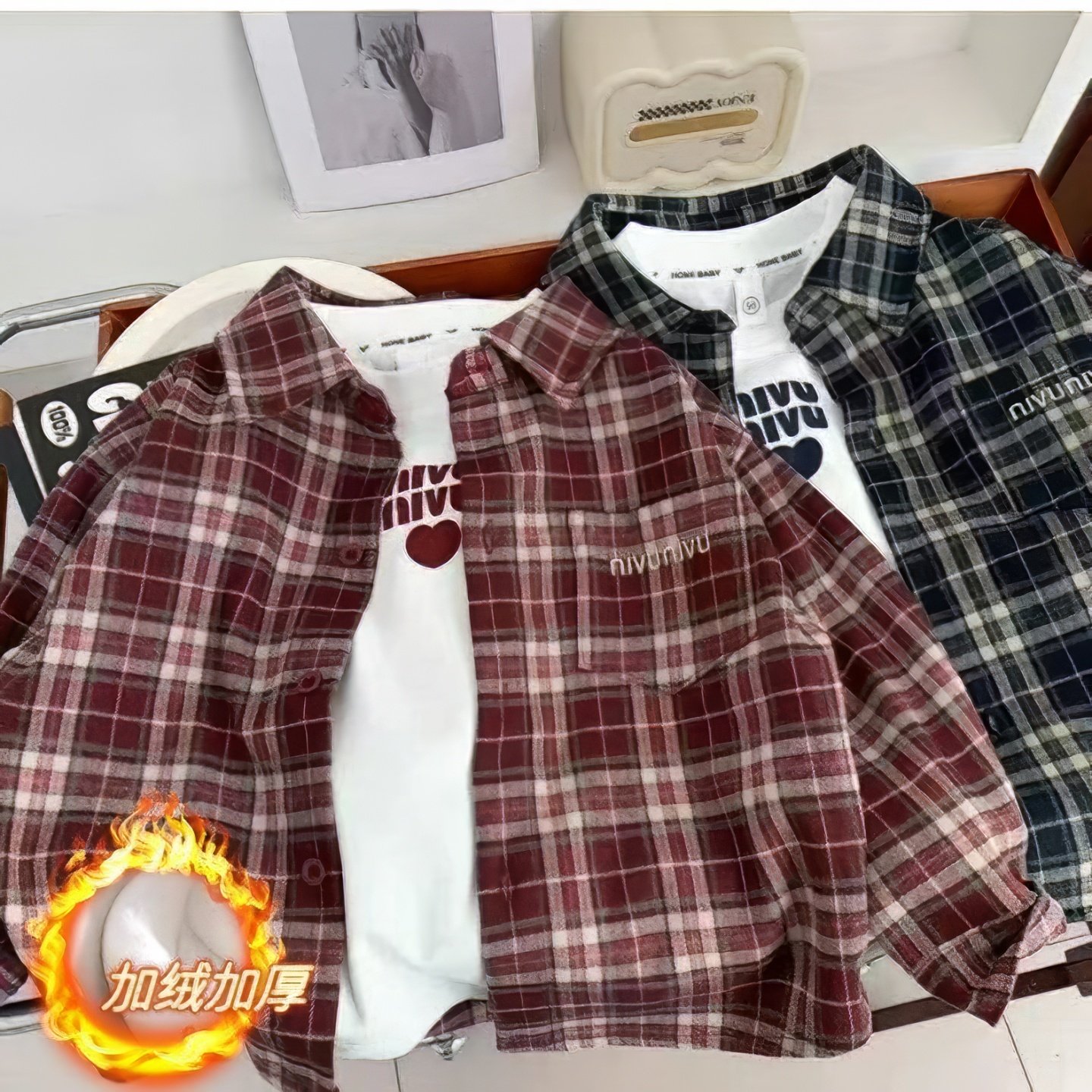 原版实体店品质】童亲子装男童2026新款衬衣加绒款格子衬衫中大童