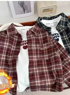 原版实体店品质】童亲子装男童2026新款衬衣加绒款格子衬衫中大童