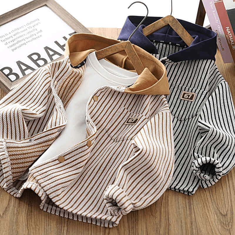 连衣帽上外套长袖秋衬衫儿童春秋潮新款条纹洋气男童装2024男孩