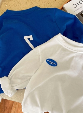 2022春秋新款男女童宝宝上亲子长袖T恤时尚韩版帅气蓝色打底衫3