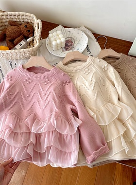 风2024女童花边边针亲子线衣洋气套头毛衣荷叶衫主公宝宝儿童