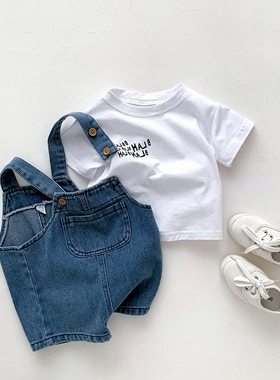 宝宝牛仔背带短棉白色短袖短裤套装男女童夏季薄款纯裤洋气两件套