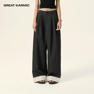 GREATKARMIC 原色翻边设计牛仔裤宽松显瘦阔腿百搭休闲直筒裤GRKC
