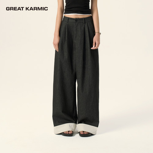 GREATKARMIC 原色翻边设计牛仔裤宽松显瘦阔腿百搭休闲直筒裤GRKC