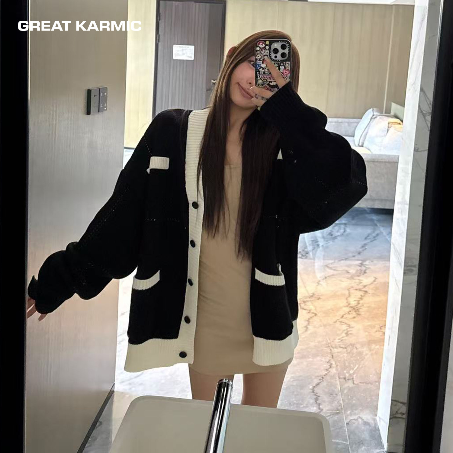 GREATKARMIC线迹开衫毛衣外套2025新款V领纽扣撞色小香风针织衫