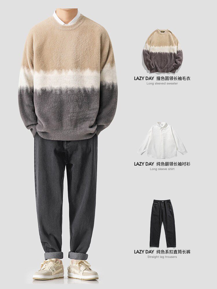 LAZY DAY 오리지널 남성 의류 일본 패션 브랜드 모조 밍크 모피 그라데이션 컬러 라운드 넥 스웨터 남성용 루즈한 니트 스웨터