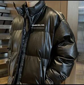 冬季新款PU立领印花防寒保暖面包棉服 男女休闲黑白情侣皮衣外套