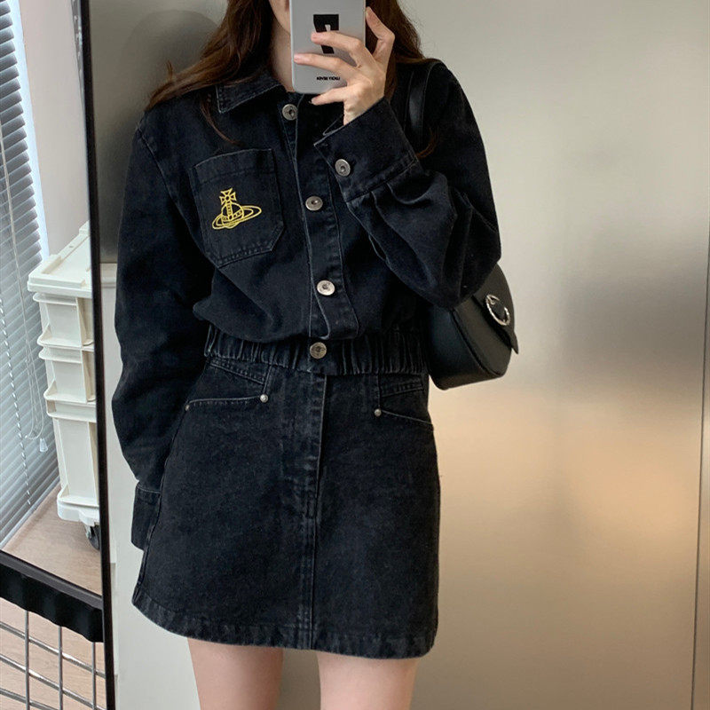 土星绣花大翻领收腰牛仔外套女春季新款复古百搭水洗黑灰夹克上衣