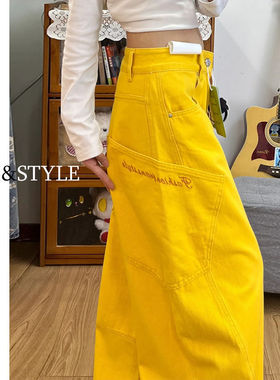 复古黄色设计感宽松工装镰刀裤子春夏季美式2026刺绣弯刀牛仔裤女