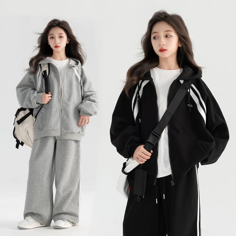 女大童秋装开衫套装中大童连帽纯