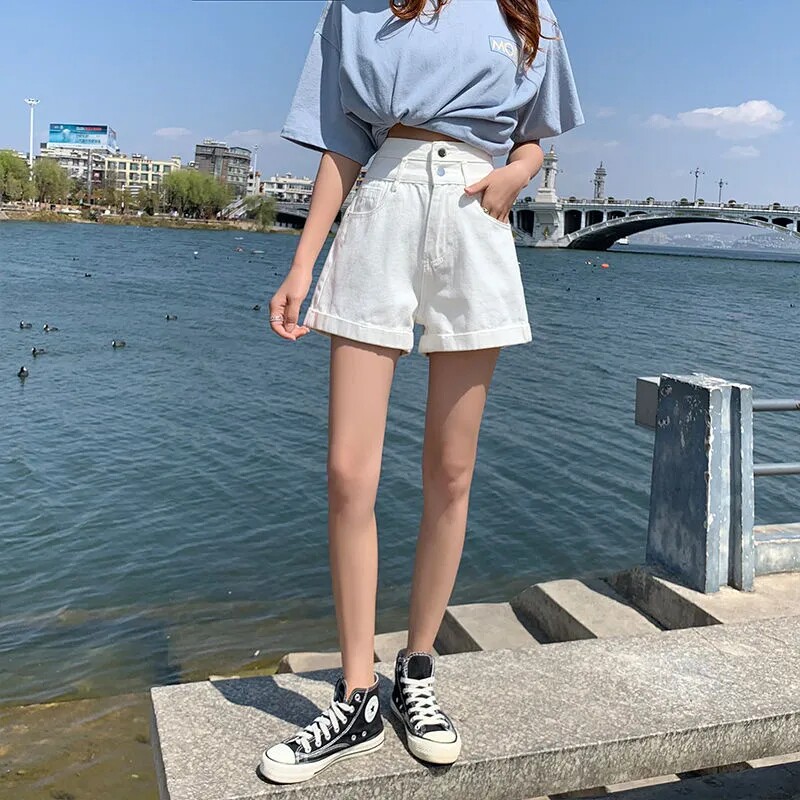 2026年新款高腰白色牛仔短裤女薄款阔腿宽松显瘦a字热裤ins