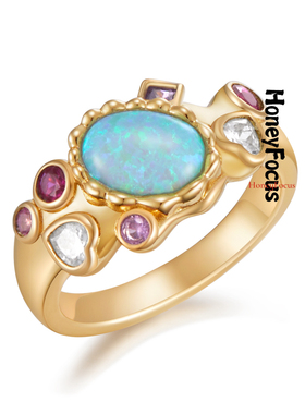 HONEY FOCUS彩色糖果戒指女小众设计高级感金色轻奢复古戒指