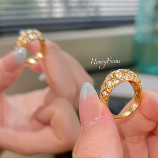 HONEY FOCUS爱丁古堡戒指 金色轻奢百搭豪华复古戒指 925银锆石