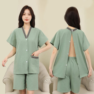 新款艾灸服后背开扣纯棉前后开衫男女按摩针灸理疗服开背汗蒸服女