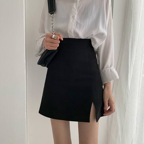 2021秋冬新款胖MM黑色高腰直筒半身裙女大码女装中长款开叉包臀裙