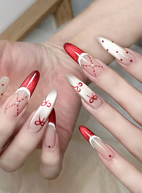 圣诞蝴蝶结丝绒猫眼红色法式美甲穿戴甲显长白长短款手工甲可拆甲