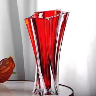 高级感加厚红色玻璃花瓶透明水培鲜花客厅插花摆件轻奢装饰花器