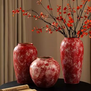 新中式复古陶瓷花瓶客厅玄关大号落地摆件高级感红色水养插花陶罐