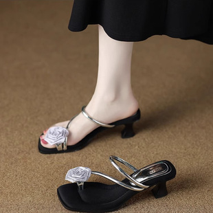 婧娗半拖女士外穿时尚2025夏天新款仙女风配裙子细跟小高跟凉拖鞋