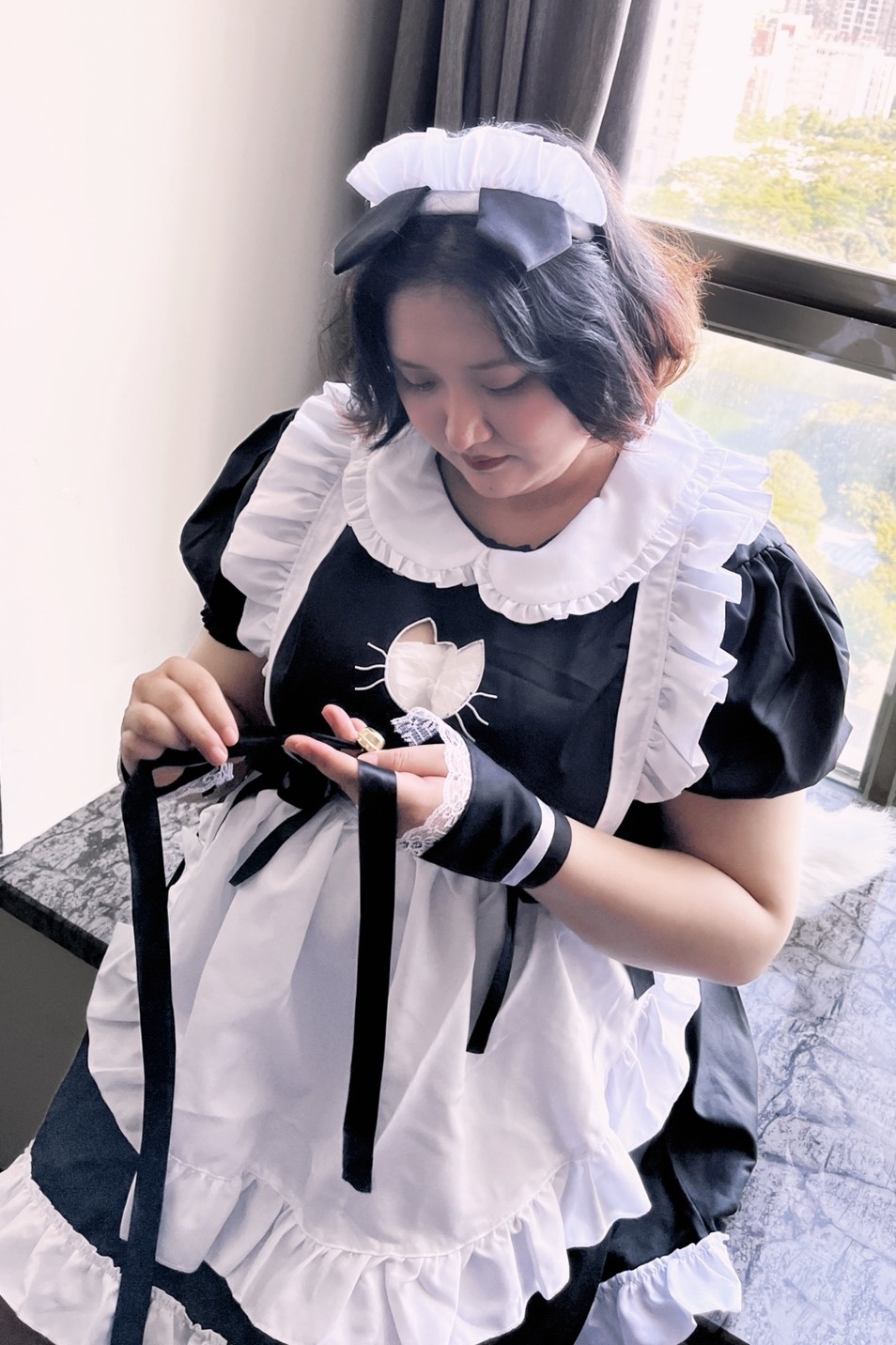 大码胖mm萌系cos200斤可穿镂空绣花猫咪咖啡女仆演出套装