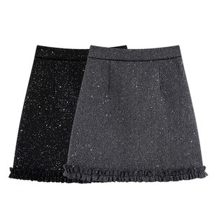 加厚黑色毛呢半身裙女秋冬爆款包臀显瘦高腰a字裙木耳边亮片短裙